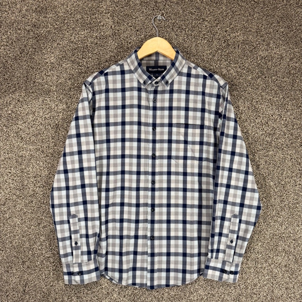 MIZZEN+MAIN City Flannel Shirt Mens L Trim Fit Blue Check Performance Stretch